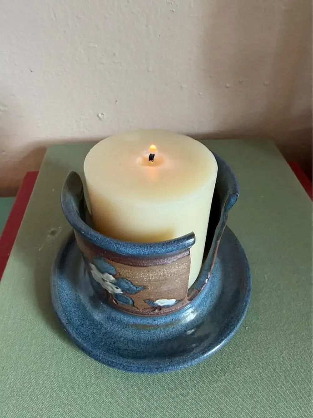 Signed Studio Pottery Floral Candle Holder – Handcrafted Blue & Brown Stoneware